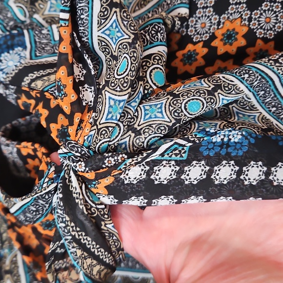 Kut from the Kloth Chloe Patchwork Midi Dress Womens 10 Bow Black Orange - Picture 14 of 16